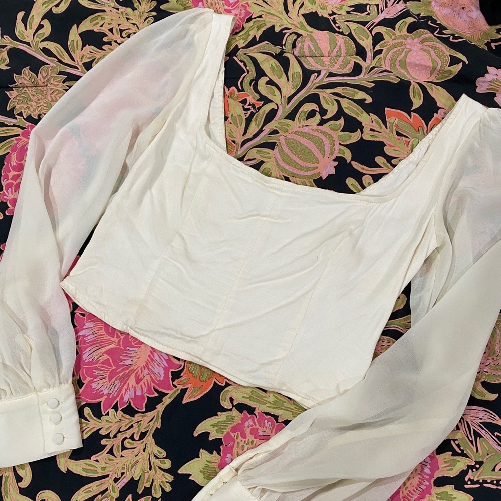 UO Lena Sheer Sleeve Square Neck Blouse